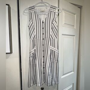 Loft White Black Stripe Button Up Sleeveless Pocket Dress Womens 2P